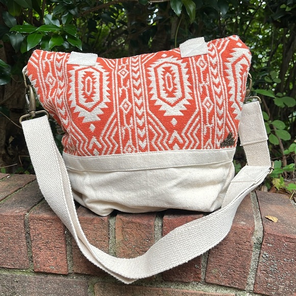 Prana Soleil Satchel Orange Cream Cotton Canvas Crossbody Tote Bag - Picture 4 of 12